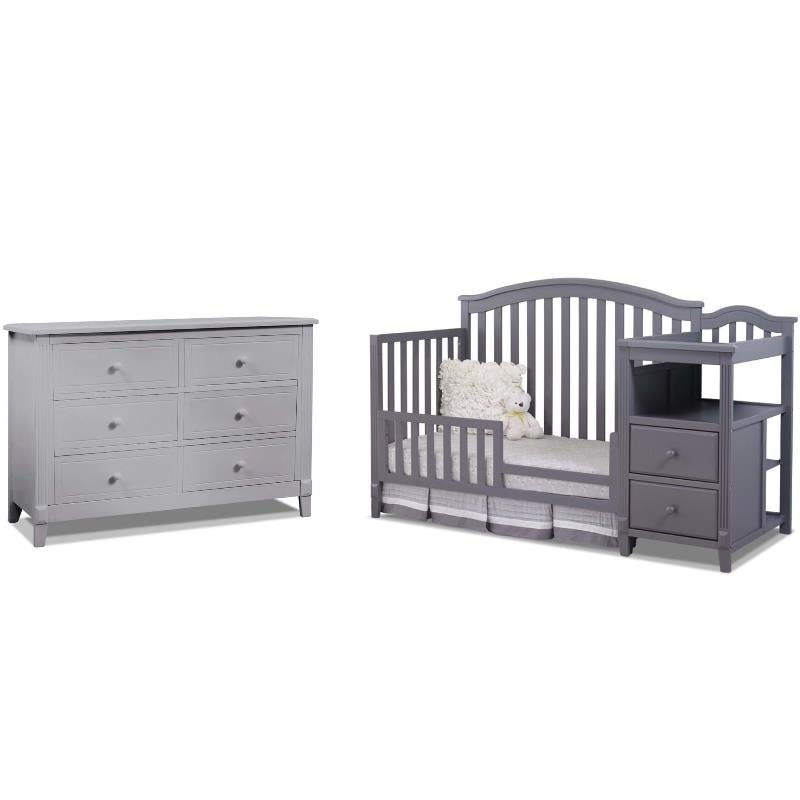 Baby Crib with Changing Table and 6 Drawer Double Dresser Set in Gray