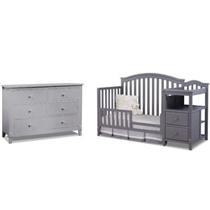 Baby Crib with Changing Table and 6 Drawer Double Dresser Set in Gray