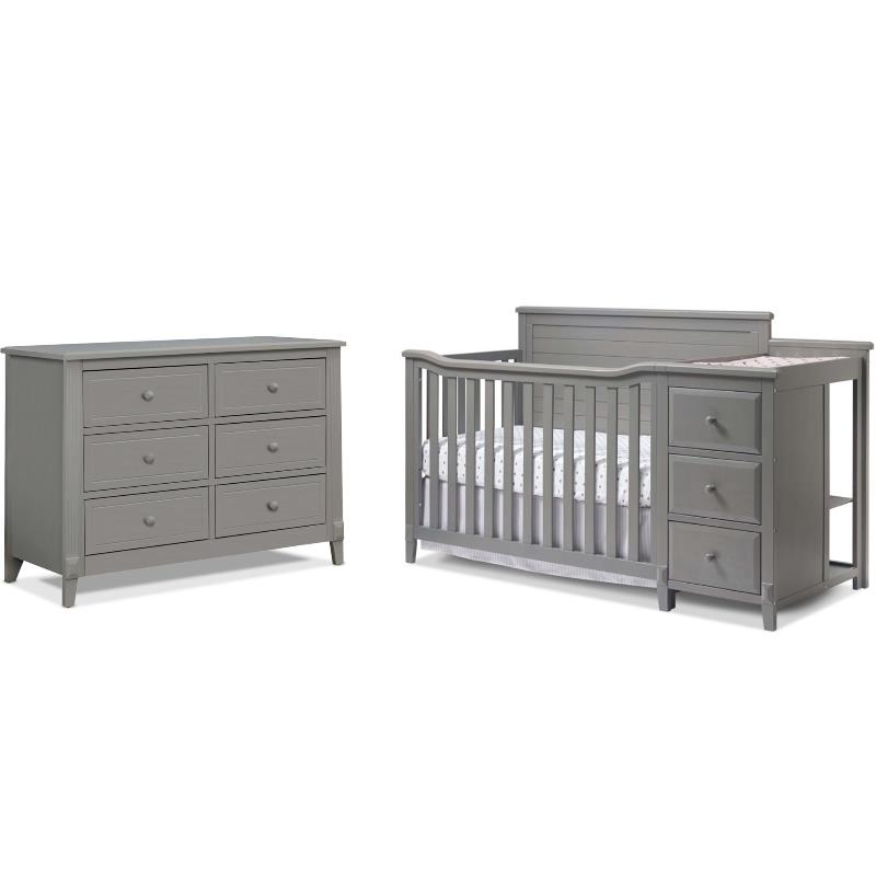 Baby Crib with Changing Table and 6 Drawer Double Dresser Set in Weathered Gray