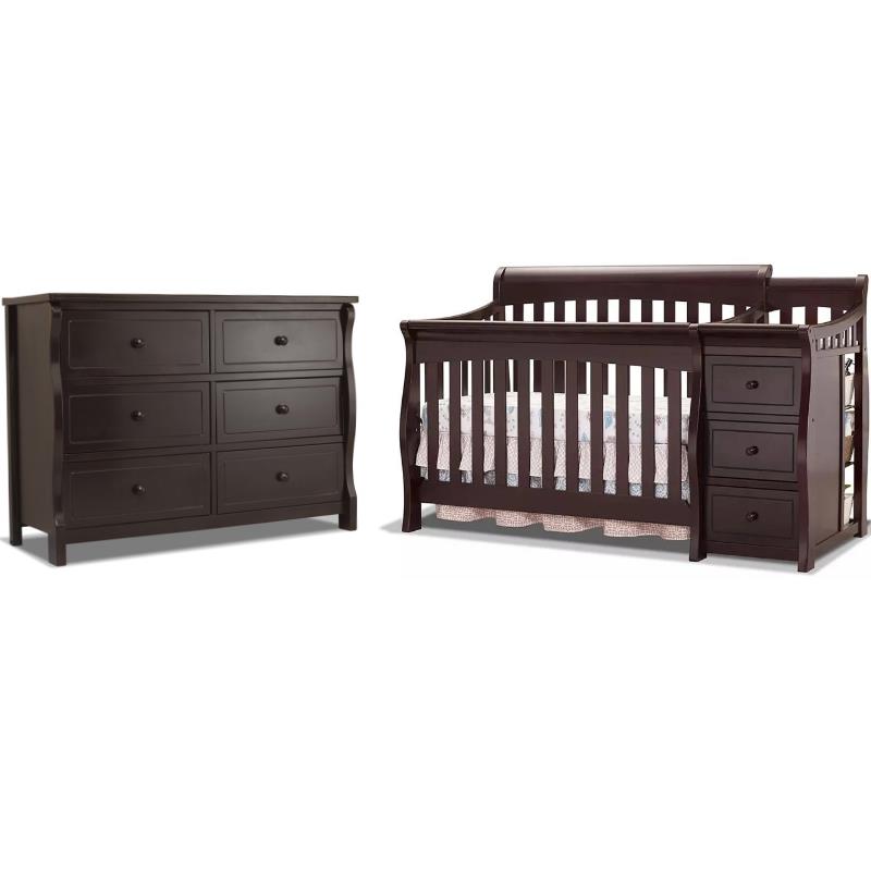 Baby Crib with Changing Table and 6 Drawer Double Dresser Set in Espresso