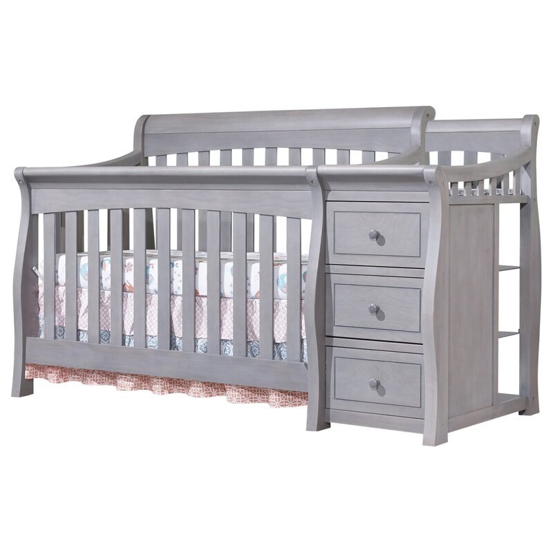 Baby Crib with Changing Table and 4 Drawer Dresser Chest Set in Gray