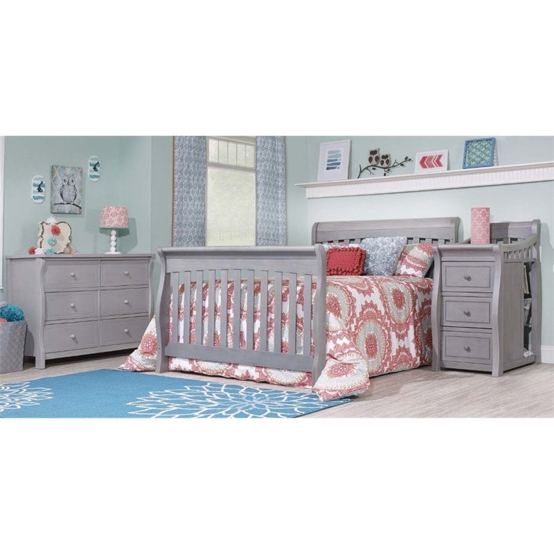 Baby Crib with Changing Table and 4 Drawer Dresser Chest Set in Gray