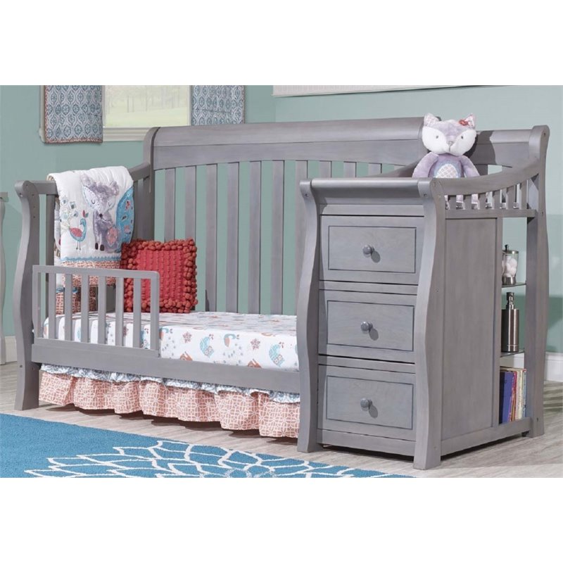 Baby Crib with Changing Table and 4 Drawer Dresser Chest Set in Gray