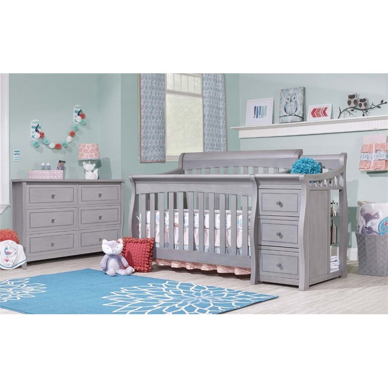 Baby Crib with Changing Table and 4 Drawer Dresser Chest Set in Gray