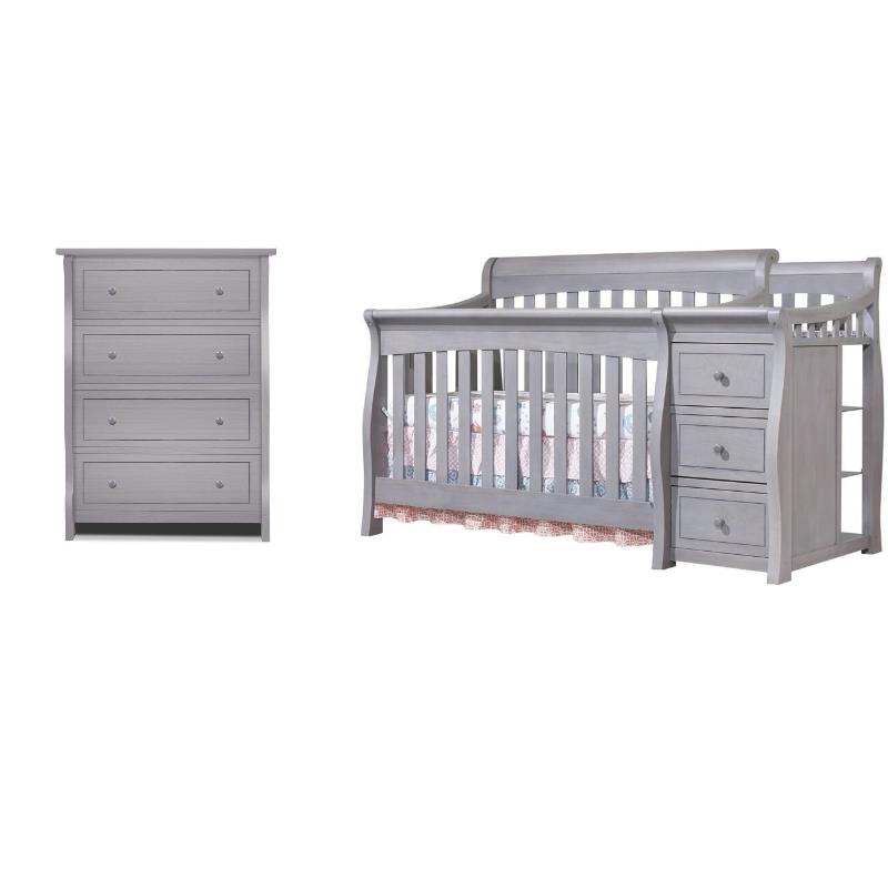 Baby Crib with Changing Table and 4 Drawer Dresser Chest Set in Gray