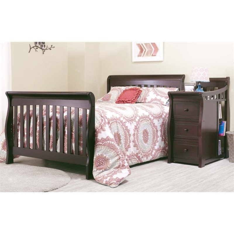 Baby Crib with Changing Table and 4 Drawer Dresser Chest Set in Espresso