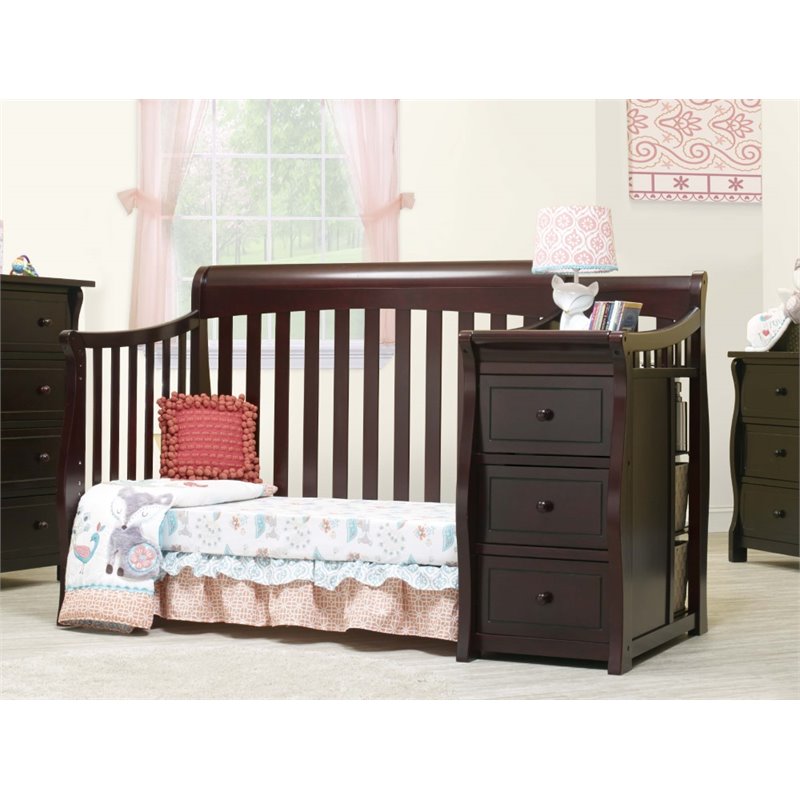 Baby Crib with Changing Table and 4 Drawer Dresser Chest Set in Espresso