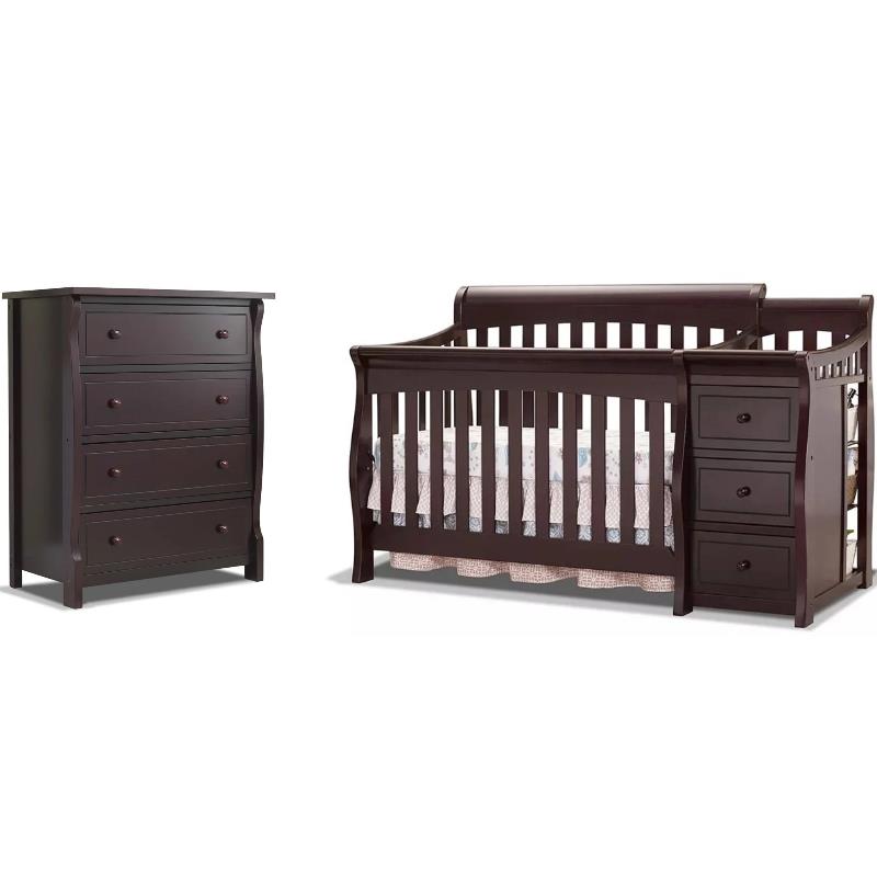 Baby Crib with Changing Table and 4 Drawer Dresser Chest Set in Espresso