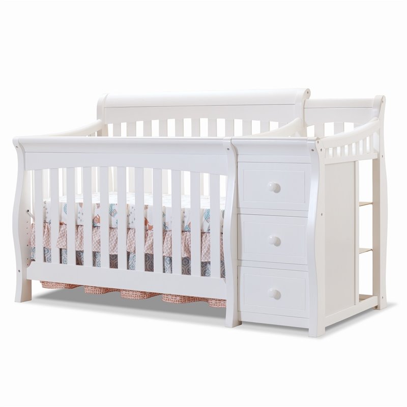 Baby Crib with Changing Table and 4 Drawer Dresser Chest Set in White