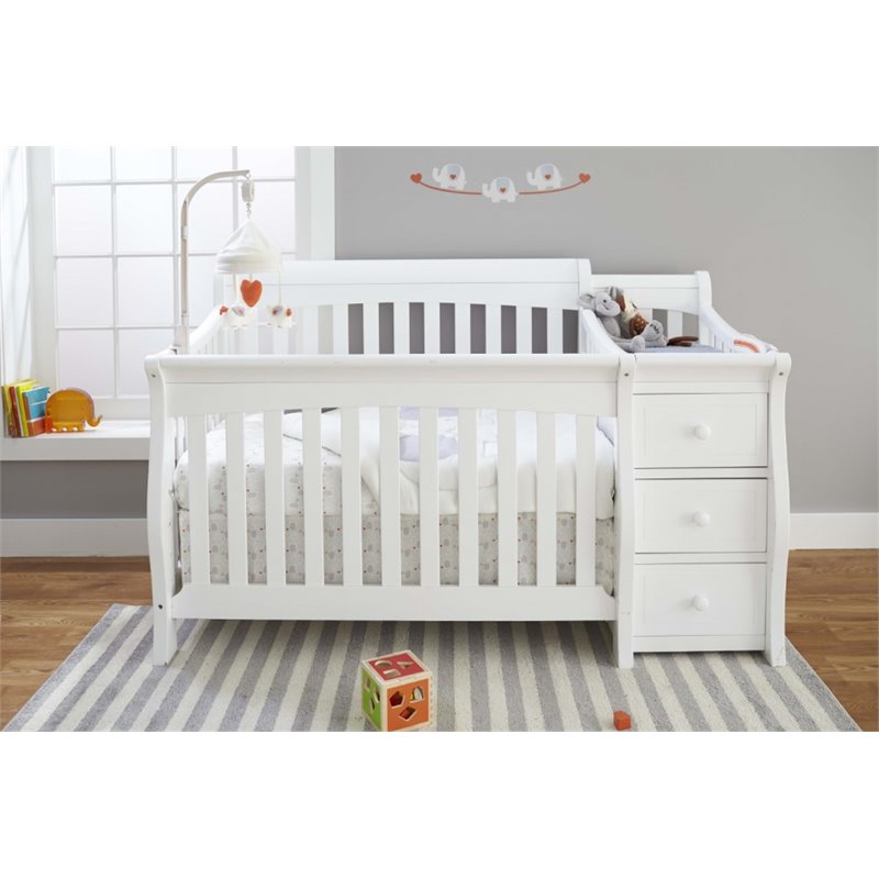 Baby Crib with Changing Table and 4 Drawer Dresser Chest Set in White