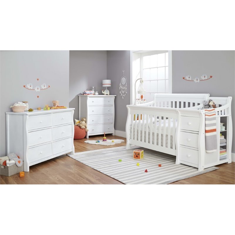 Baby Crib with Changing Table and 4 Drawer Dresser Chest Set in White