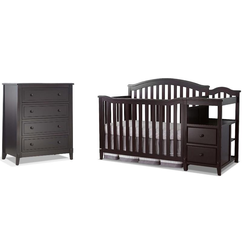 Baby Crib with Changing Table and Dresser Chest 2 Piece Set in Espresso