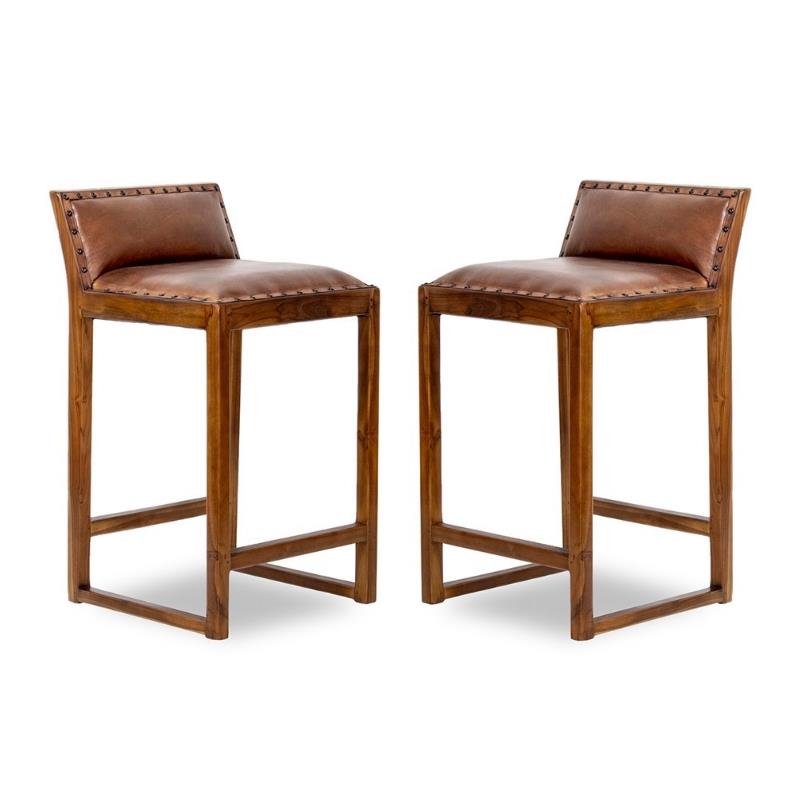 Home Square 2 Piece Mid Century Modern Leather Counter Stool Set in Cognac Tan