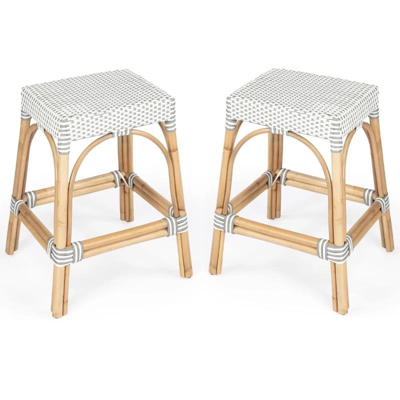 Home Square 2 Piece Rattan Counter Stool Set in Gray and White