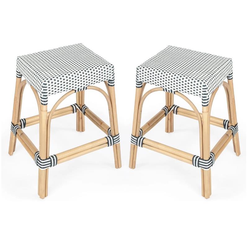 Home Square 2 Piece Rattan Counter Stool Set in Navy and White
