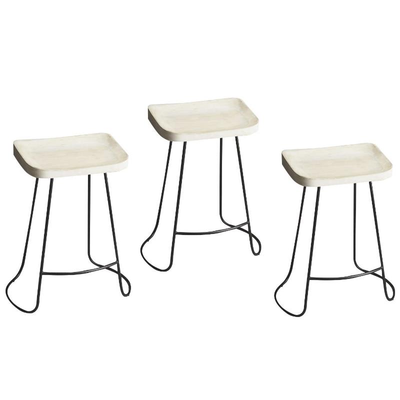 Home Square 3 Piece Mango Wood Backless Bar Stool Set in White