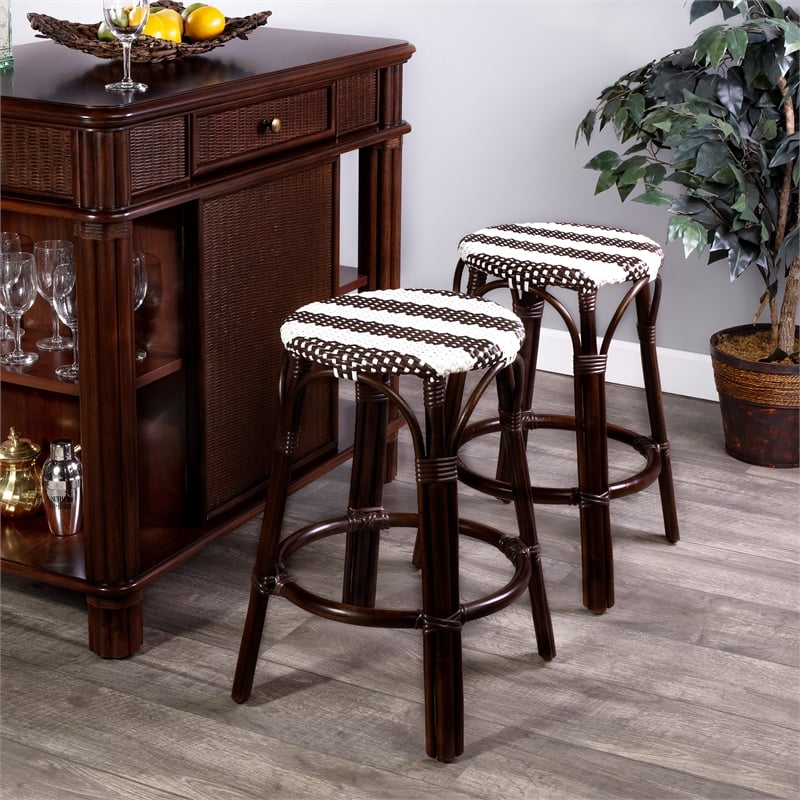 Home Square 3 Piece Rattan Counter Stool Set in Dark Brown and White