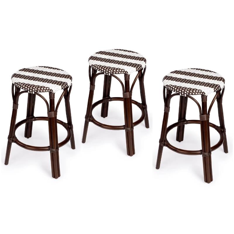Home Square 3 Piece Rattan Counter Stool Set in Dark Brown and White