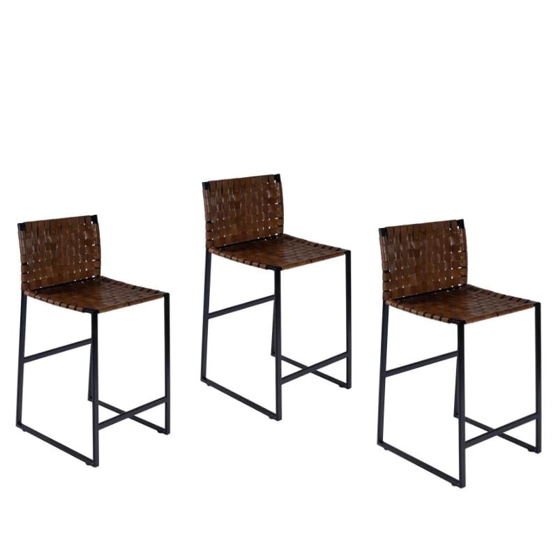 Home Square 3 Piece Urban Woven Leather Counter Stool Set in Brown