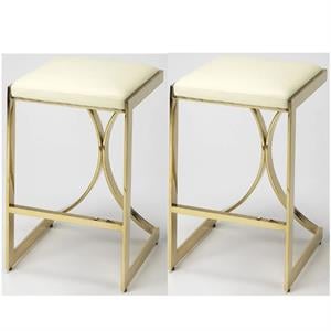Home Square 2 Piece 24&quot Faux Leather Counter Stool Set in Ivory and Gold