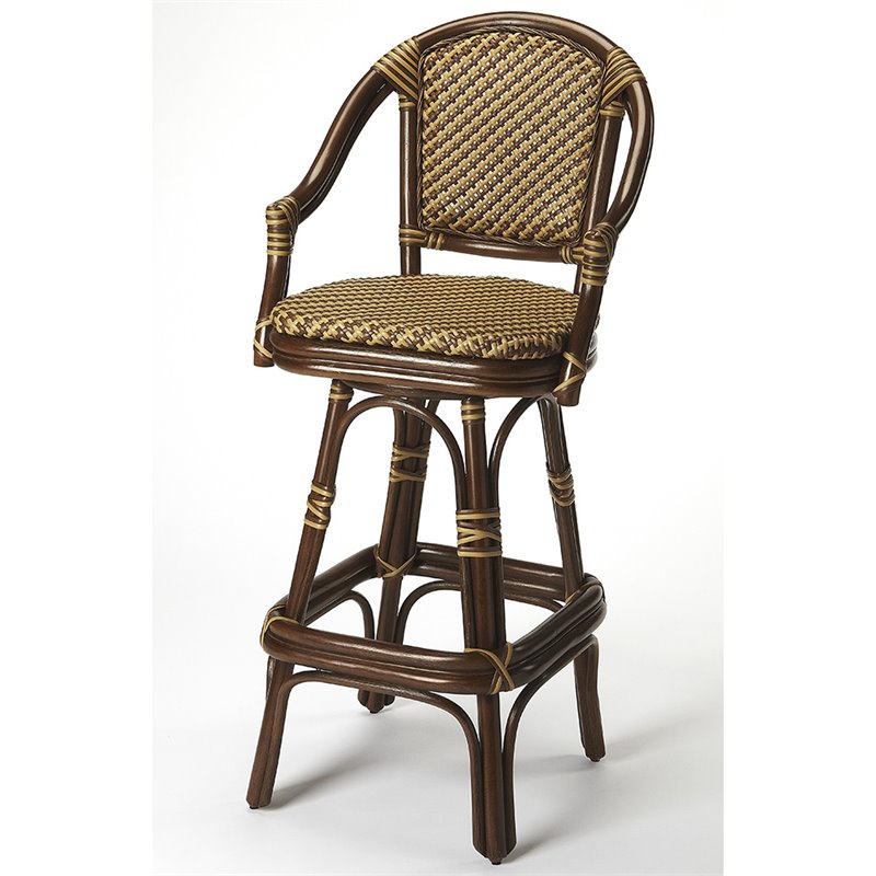 Home Square 2 Piece Wicker Rattan Swivel Bar Stool Set in Brown