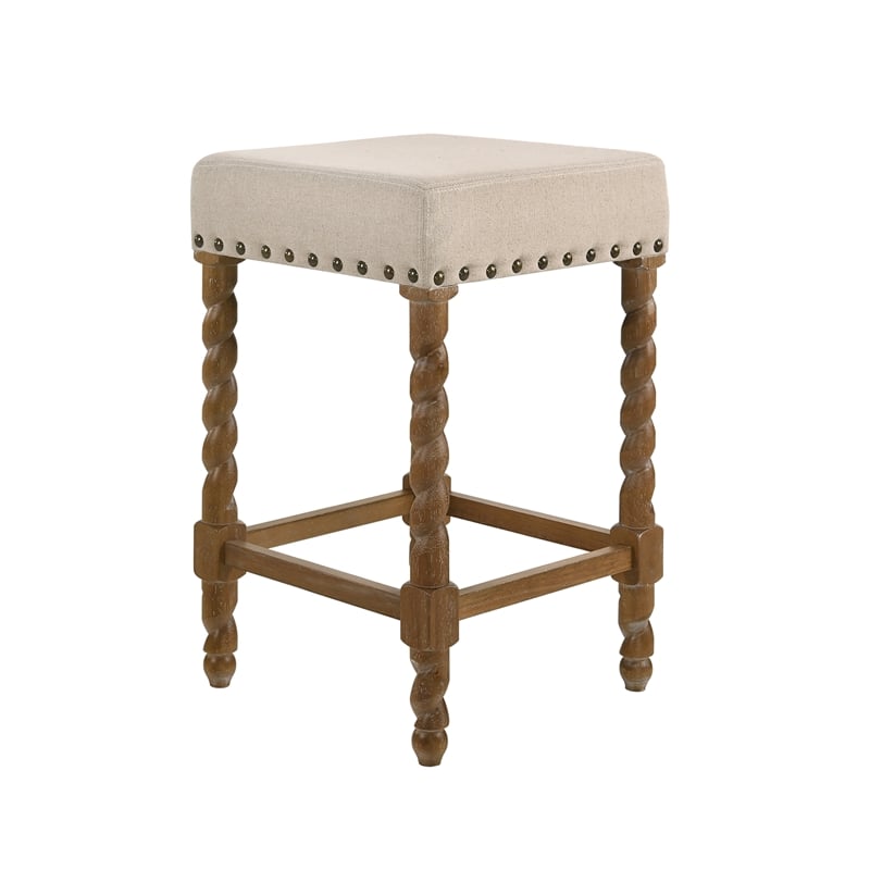 Home Square 3 Piece Linen Counter Stool Set with Wood Base in Natural Oak