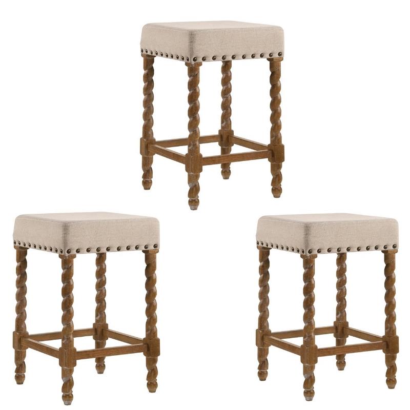 Home Square 3 Piece Linen Counter Stool Set with Wood Base in Natural Oak