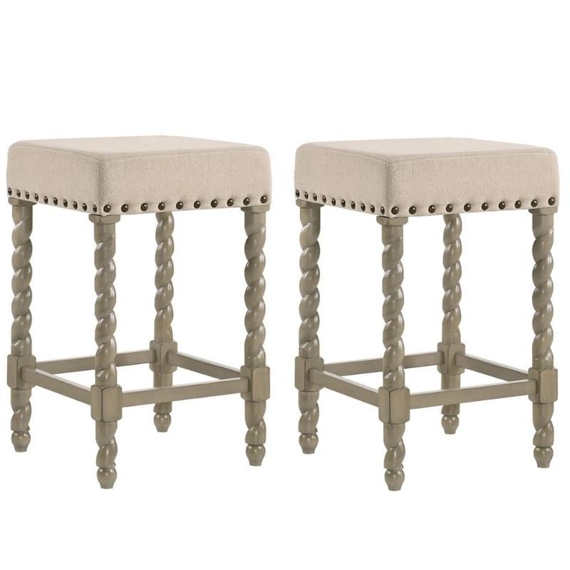 Home Square 2 Piece Linen Counter Stool Set with Wood Base in Weathered Gray