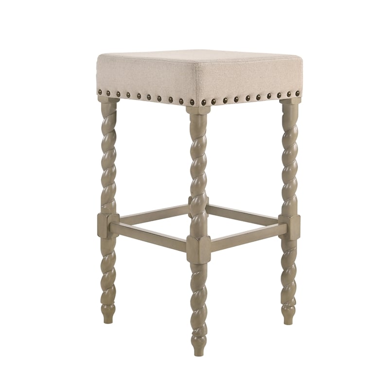 Home Square 2 Piece Linen Bar Stool Set with Wood Base in Weathered Gray