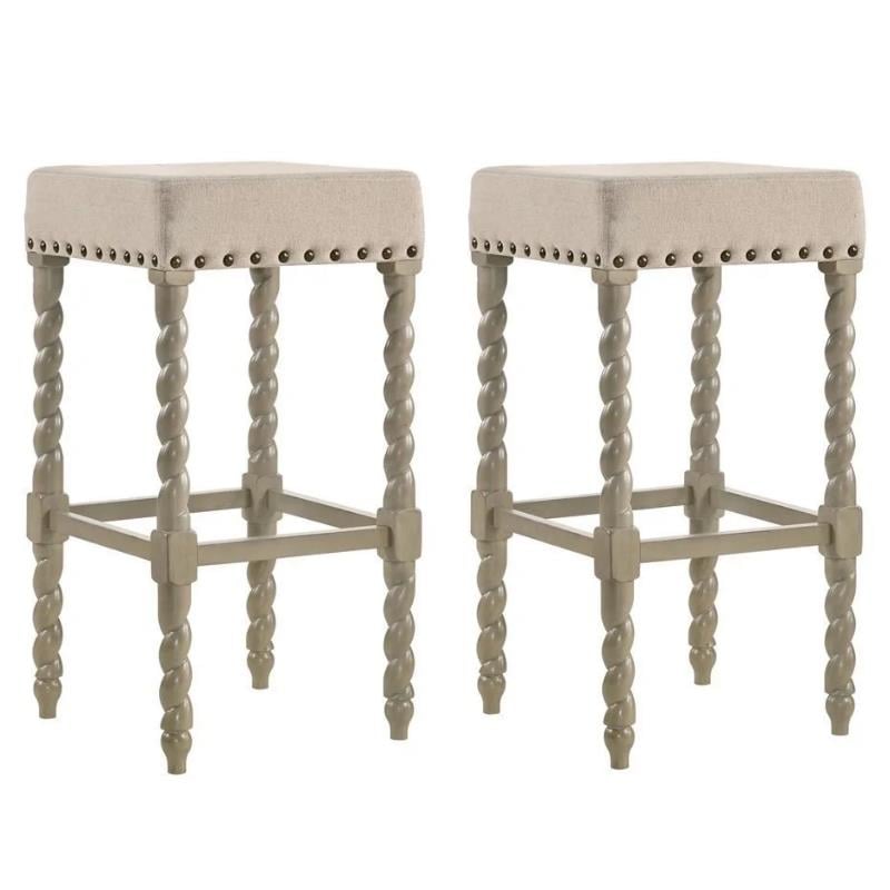 Home Square 2 Piece Linen Bar Stool Set with Wood Base in Weathered Gray