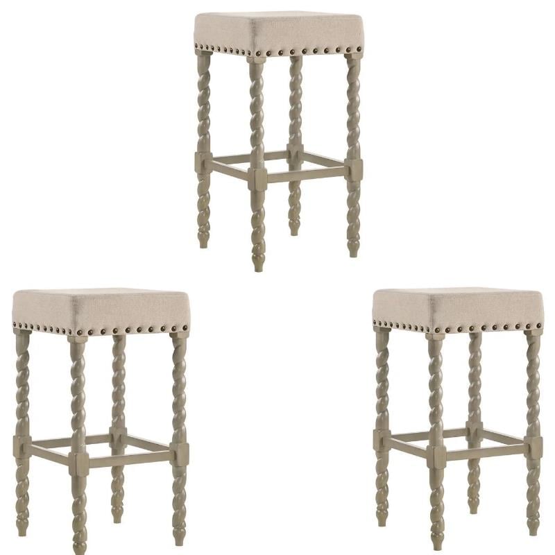 Home Square 3 Piece Linen Bar Stool Set with Wood Base in Weathered Gray