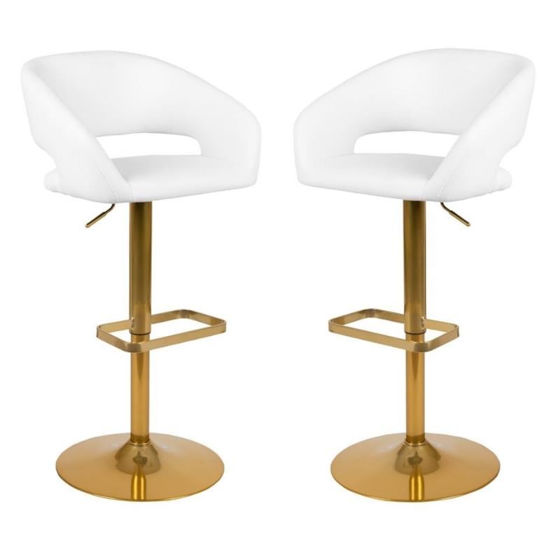 Home Square 2 Piece Faux Leather Adjustable Bar Stool Set in White and Gold