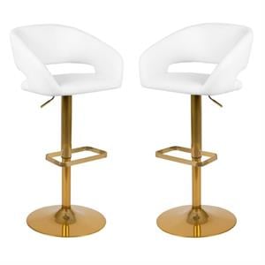 Home Square 2 Piece Faux Leather Adjustable Bar Stool Set in White and Gold