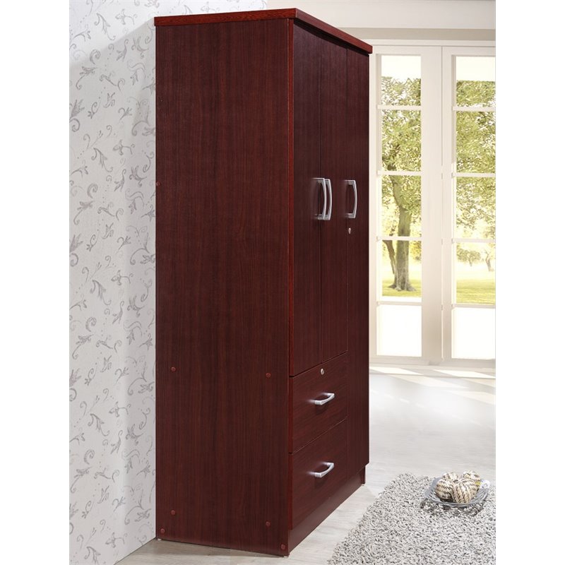 Home Square 2 Piece Set with Captain Bed and 3 Door Armoire in Mahogany Wood