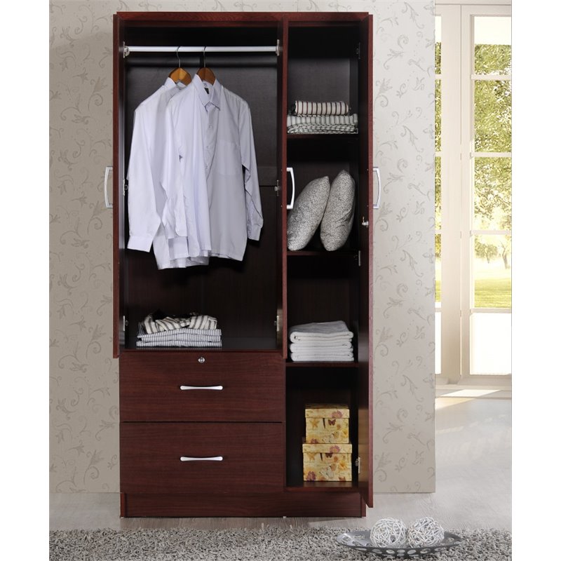 Home Square 2 Piece Set with Captain Bed and 3 Door Armoire in Mahogany Wood