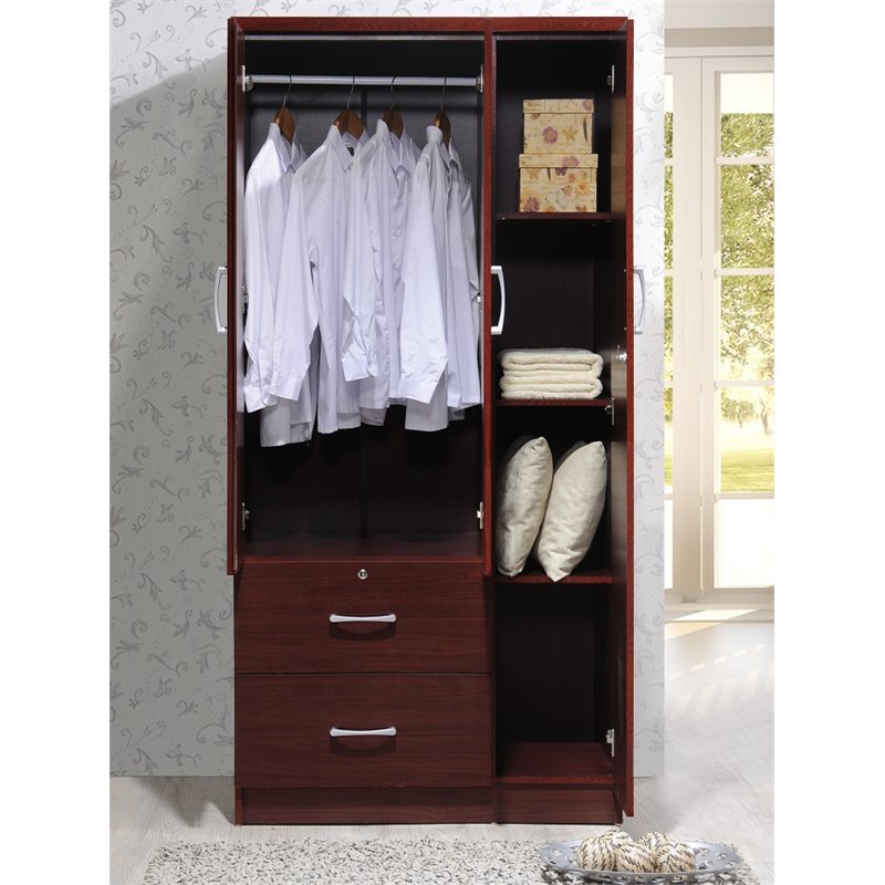 Home Square 2 Piece Set with Captain Bed and 3 Door Armoire in Mahogany Wood