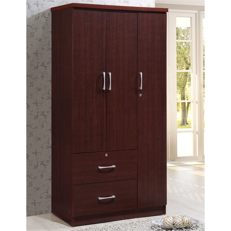 Home Square 2 Piece Set with Captain Bed and 3 Door Armoire in Mahogany Wood