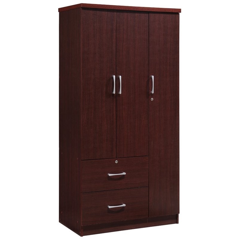 Home Square 2 Piece Set with Captain Bed and 3 Door Armoire in Mahogany Wood