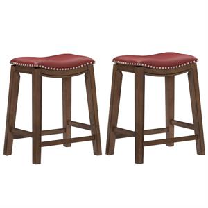 Home Square 2 Piece 24&quot Faux Leather Saddle Counter Stool Set in Red