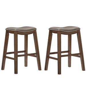 Home Square 2 Piece 29&quot Upholstered Faux Leather Saddle Bar Stool Set in Gray