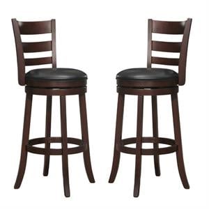 Home Square 2 Piece 29&quot Faux Leather Swivel Wood Bar Stool Set in Dark Cherry