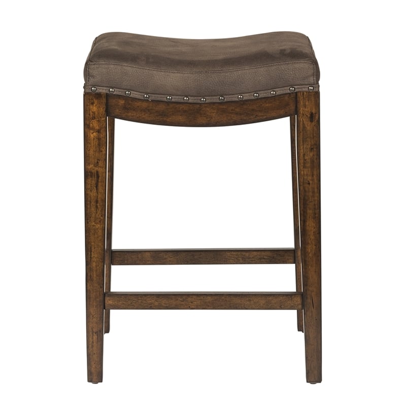 Home Square 2 Piece Upholstered Saddle Wood Barstool Set in Walnut Gray