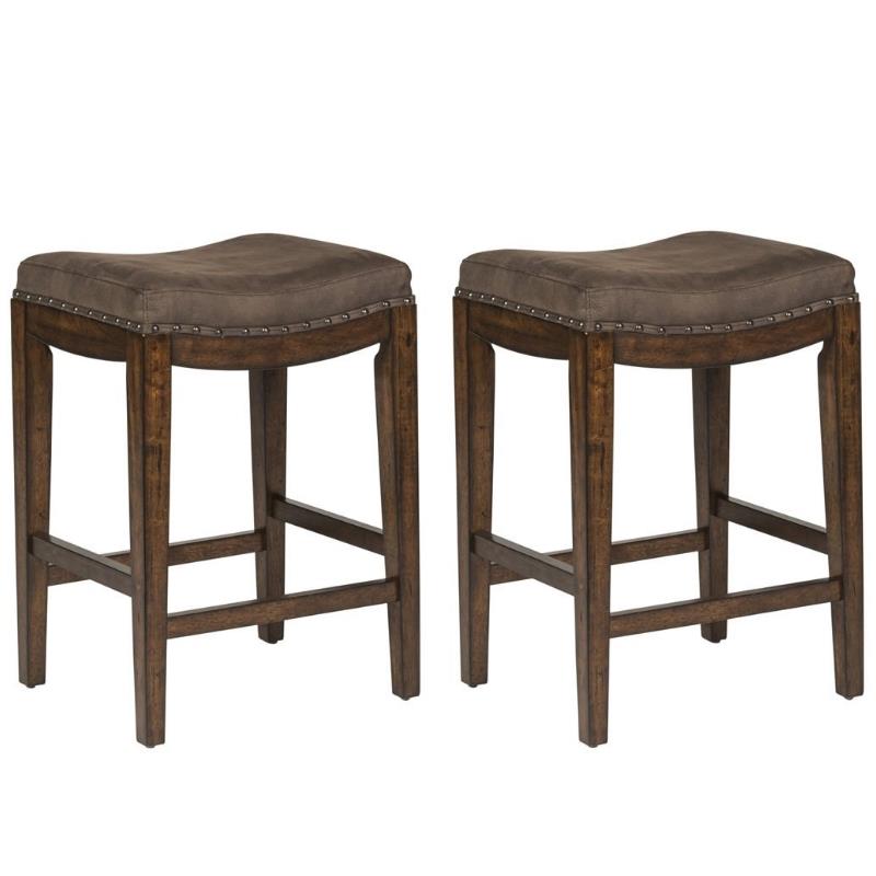 Home Square 2 Piece Upholstered Saddle Wood Barstool Set in Walnut Gray