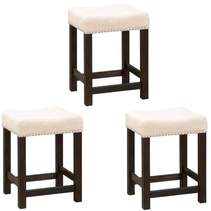 Home Square 3 Piece Upholstered Fabric Wood Frame Barstool Set in Ivory Cream