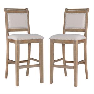 Home Square 2 Piece 30&quot Upholstered Wood Bar Stool Set in Natural Brown