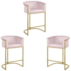 Home Square 3 Piece 27&quot Velvet Counter Stool Set with Gold Metal Base in Pink