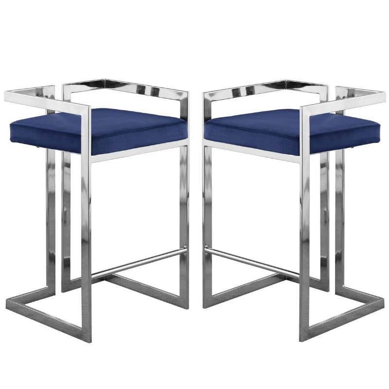 Home Square 2 Piece Velvet Counter Stool Set with Gray Metal Base in Navy