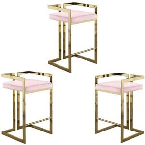 Home Square 3 Piece 27&quotH Velvet Counter Stool Set with Gold Metal Base in Pink