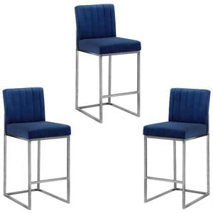 Home Square 3 Piece 26&quot Velvet Counter Stool Set with Silver Metal Base in Navy