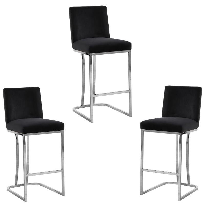 Home Square 3 Piece Silver Metal Base Velvet Counter Height Stool Set in Black